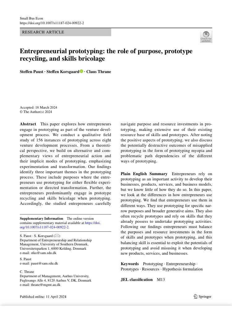 🚨NEW PUBLICATION ALERT 🚨 It’s a pleasure to share our new empirical study of how entrepreneurs navigate intentions and efforts in their #prototyping throughout the venture development process. The paper marks my first empirical publication. Out in @SBEJournal [link in comment]