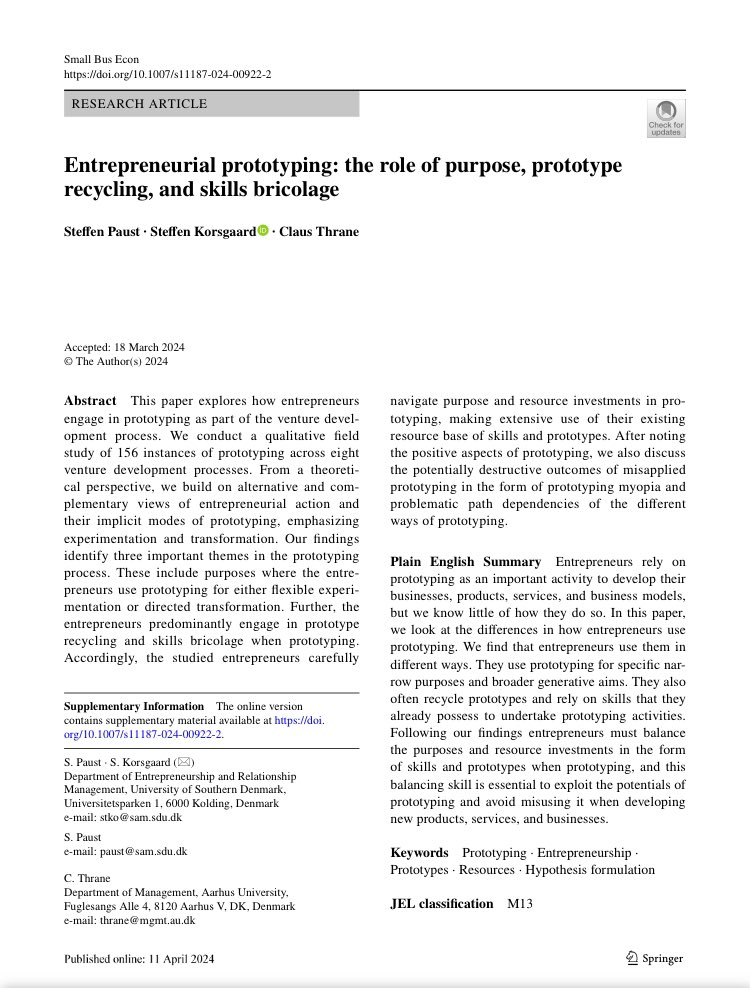 steffenpaust's tweet photo. 🚨NEW PUBLICATION ALERT 🚨

It’s a pleasure to share our new empirical study of how entrepreneurs navigate intentions and efforts in their #prototyping throughout the venture development process. The paper marks my first empirical publication. Out in @SBEJournal [link in comment] https://t.co/QRE5QUeY6u