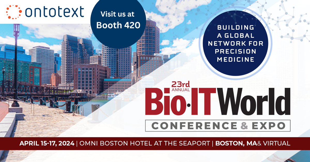 ontotext's tweet image. Ontotext will be exhibiting again at @bioitworld Expo next week, April 15-17. 

Drop by booth 420 to learn how our AI-Powered #TargetDiscovery solution accelerates medical research &amp;amp; #drugdiscovery hubs.la/Q02sfDdc0