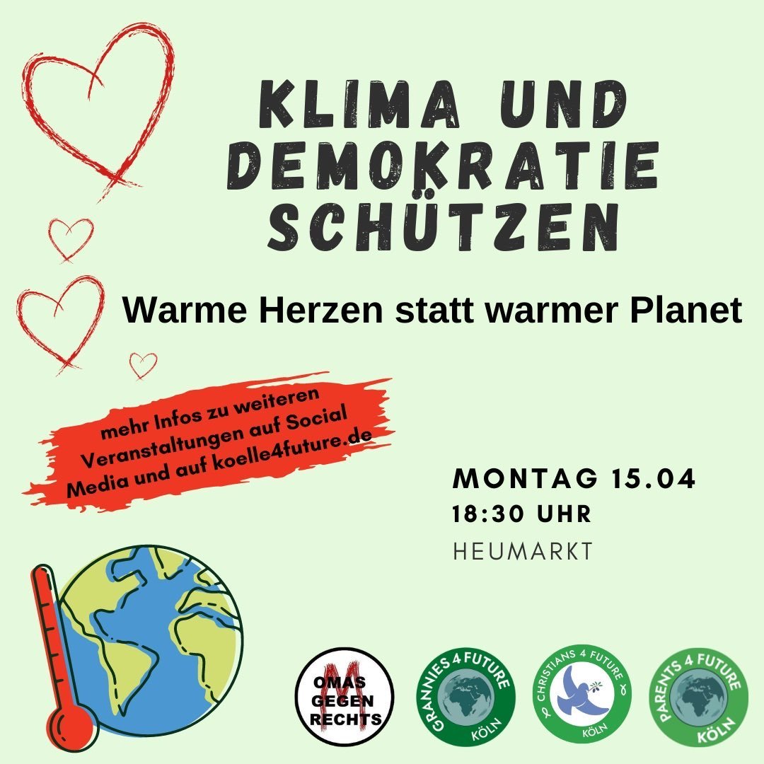 Parents for Future Köln ruft auf zur Mahnwache für #Demokratie und #Klima am Montag, 15.04.2024, um 18:30 auf dem Heumarkt in Köln.

„Klimaschutz ist Menschenrecht“ – der Europäische Gerichtshof für Menschenrechte hat am 09.042024 ..
(1/3)

@parents4future
parentsforfuture-koeln.de/klimaschutz-is…