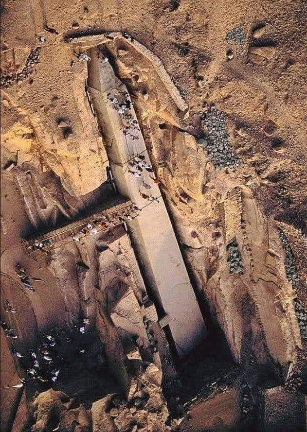 An aerial view of the 'Unfinished Obelisk' in the 3500-year-old granite quarry in Aswan, Egypt :

Ancient Egyptian Obelisk’s were of significant importance as they stood in front of Temples generally in pairs as an indication to Grand entrances. Mostly constructed of Red granite…