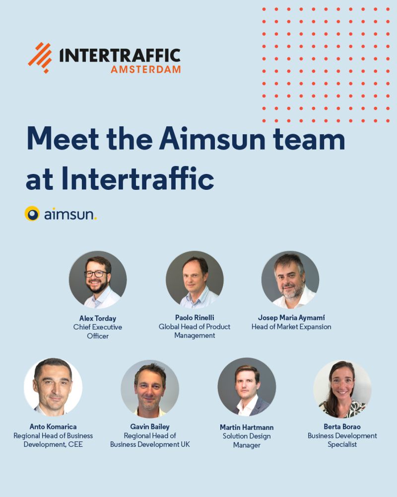 Come and meet the Aimsun team at @intertraffic Amsterdam, starting next Tuesday! We'll be waiting for you along with our co-exhibitors, @yunextraffic , at stand 01.327. See you soon! Learn more: aimsun.com/events/intertr…