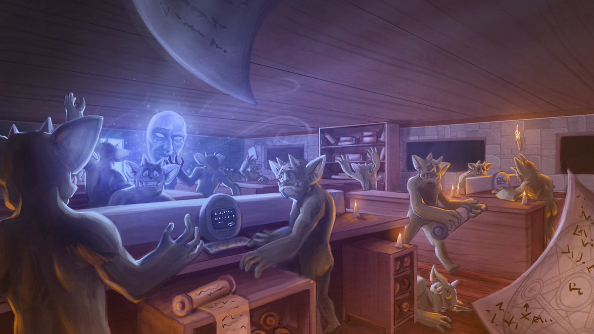 "…Inside the tower, hundreds of minions worked night and day to please their master's requests in precarious and not at all dignified conditions (they are a bit dramatic)…"

Don't miss the rest of the story 😈

Illustration by: <a href="/KIWI_CF_/">KEWEE 🥝 ENCARGOS ABIERTOS 🥝 Arco de Madrid</a>