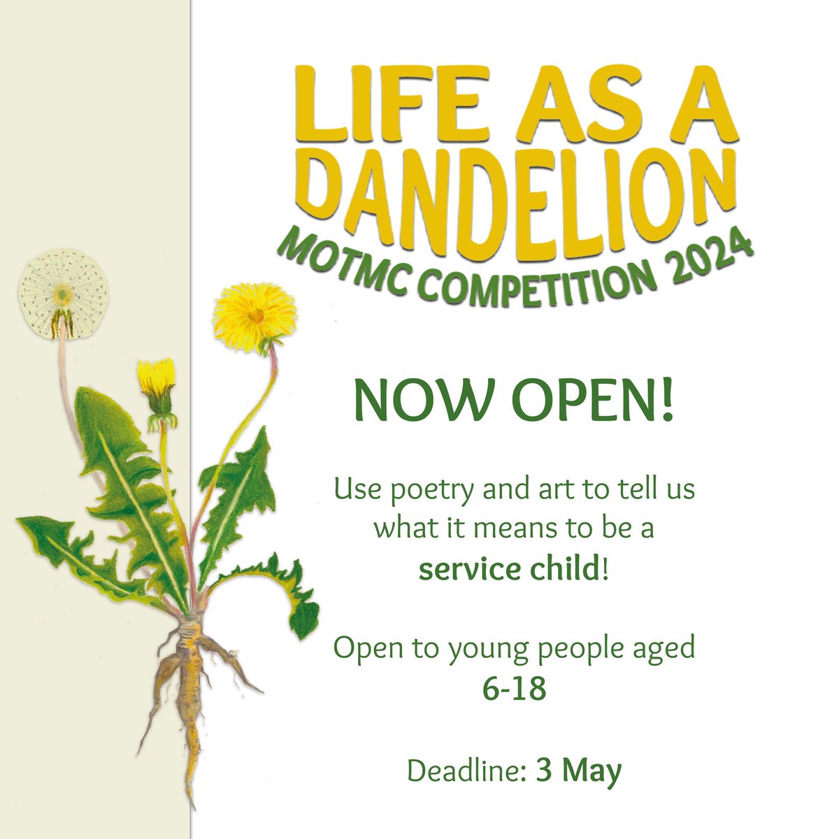 RAFCommunity's tweet image. Never Such Innocence look forward to seeing your entries into their Month of the Military Child Competition!
This year’s theme is: Life as a Dandelion.
Entries are welcome from tri-service children 6 to 18 years old!
ow.ly/6KcR50ReBtS
Never Such Innocence