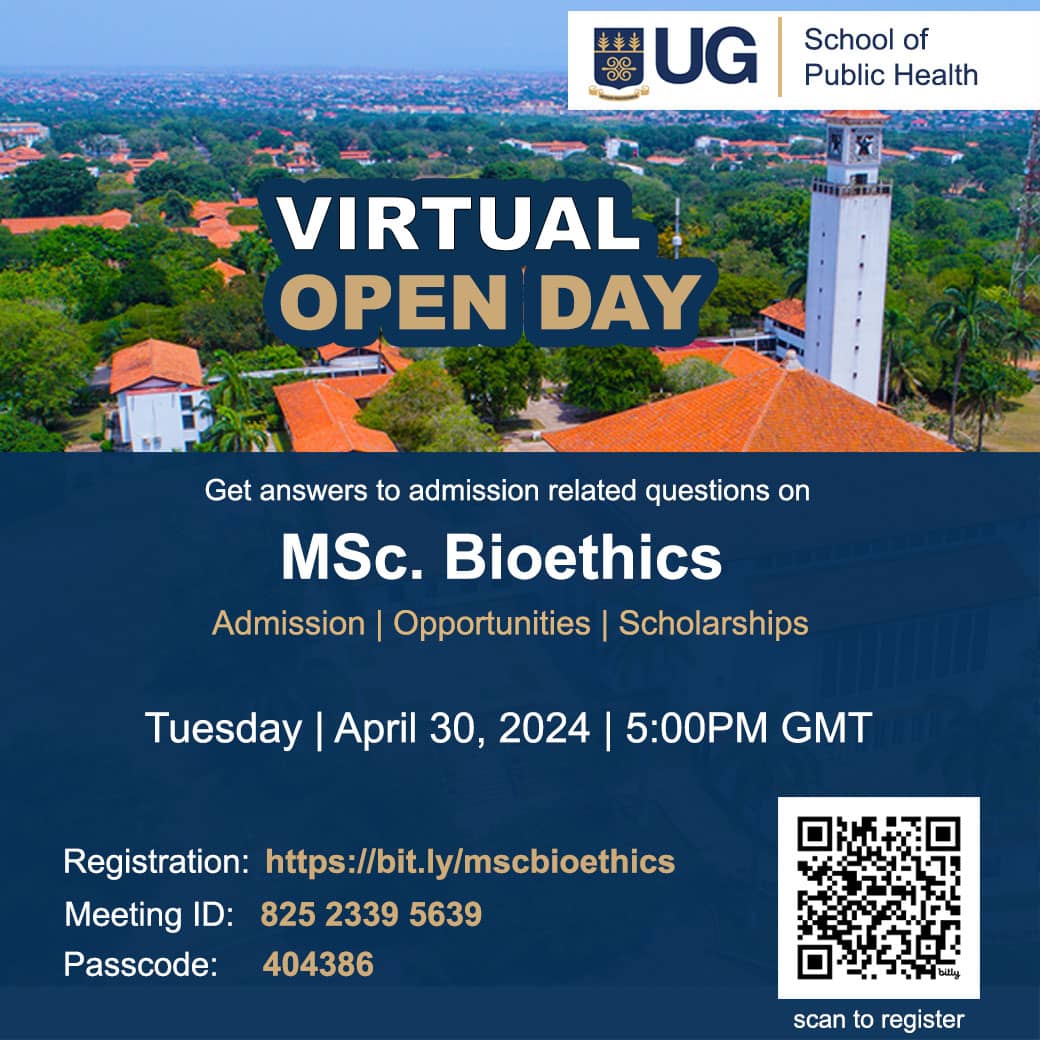 Are you considering enrolling in a 1-year MSc Bioethics programme. The department of Population, Family and Reproductive Health is organizing info sessions to provide details including application process and scholarships.  Please see registration details in the flyer attached