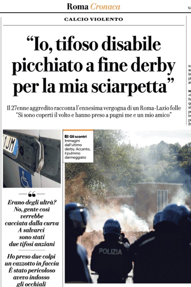 Durante il #derby di #Roma un disabile è stato aggredito e picchiato da un gruppo di vigliacchi. Ci ha raccontato la sua storia su @rep_roma La potete leggere qui: roma.repubblica.it/cronaca/2024/0…