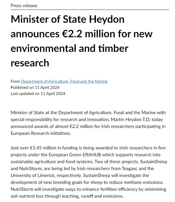 Yesterday, the Minister of State at the Department of Agriculture, Food and the Marine (DAFM) officially announced our new NutriSTORM project as part of the 1st Green ERA-HUB call. Looking forward working with partners in Teagasc, Warwick and Munich. <a href="/BioSci_UL/">Biological Sciences</a>