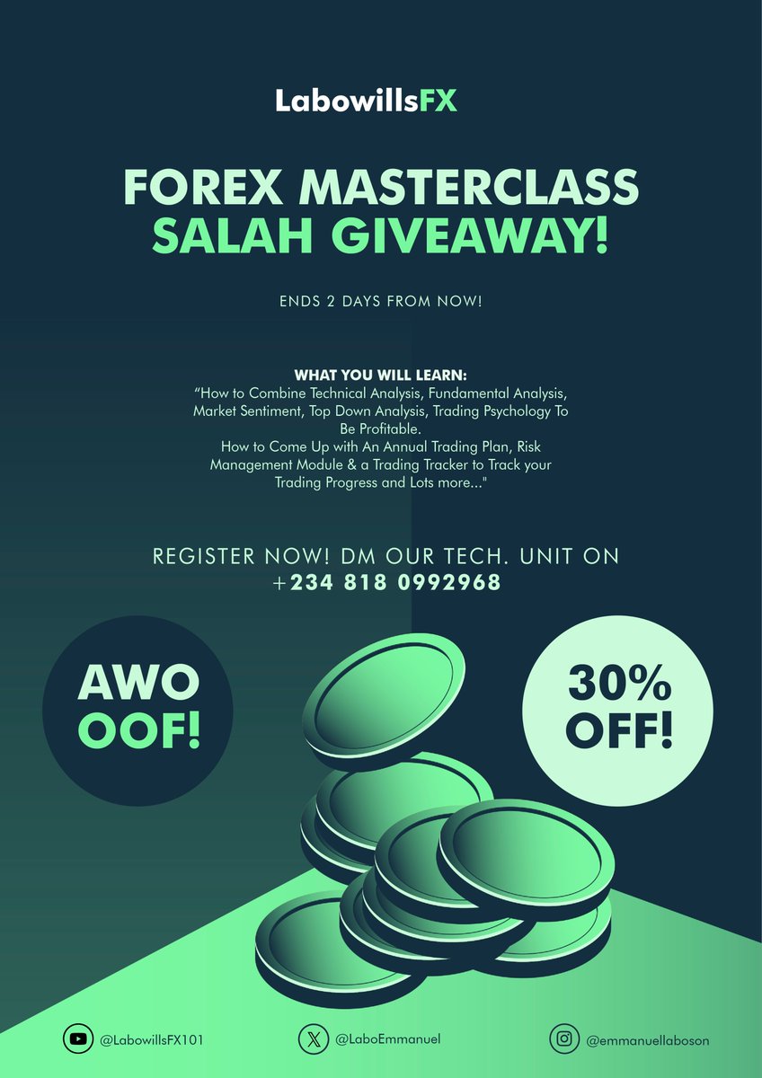 SALAH AWOOF! 
Two Days to Go... Don't Miss Out!
Few Slots Remaining...
#tradingsetup #TradingSignals #TradingTips #tradingpair #tradingpsychology #tradingstrategy #forextrading #forexeducation #forexsignals #forextrader #ForexMarket #forexsignal #forexstrategy #forextips 🥰🥰🥰🥰