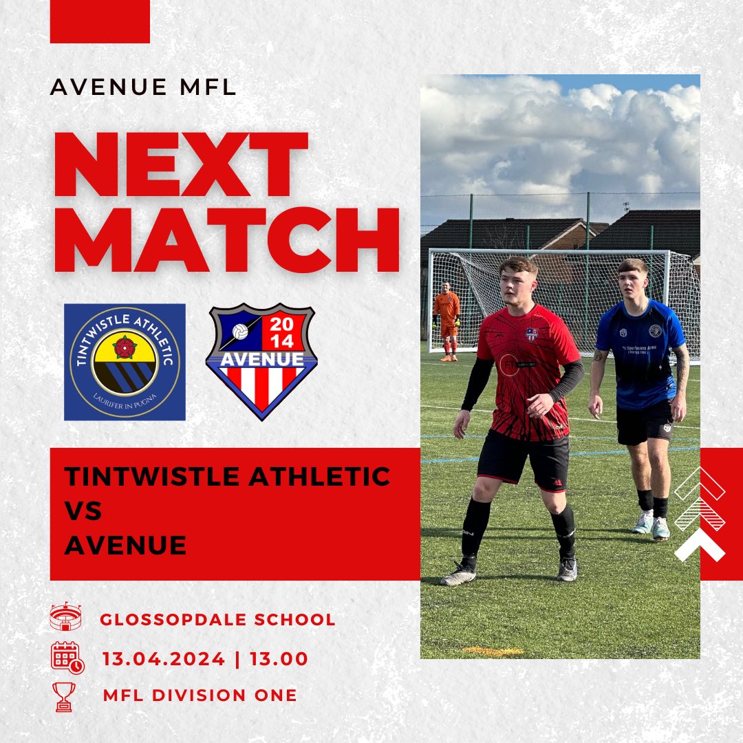 After falling victim to the weather over the past few weeks, Avenue return to action this Saturday as they head over to Glossop to take on @TinnyAthleticFC in @THEMCRFL Division One. 🔴⚫️🔵 #AvenueFC #UpTheAve