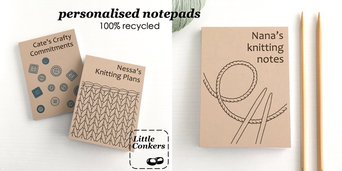 Handy notepad to keep in your knitting/crochet project bag for those important pattern notes. Personalised with the text of your choice on the cover: littleconkers.co.uk/personalised-n… 

#recycled #GiftIdeas #EcoGifts #ZeroWasteGifts