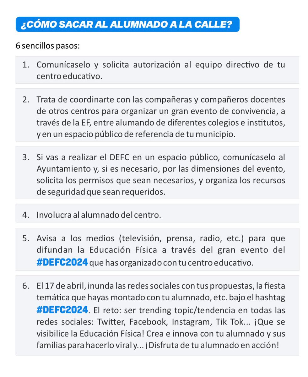 ‼ Última llamada a docentes y centros educativos de #Tenerife 📅 El próximo miércoles 17 de abril celebramos el Día de la Educación Física en la Calle #DEFC2024 ⬇️ Sigue las indicaciones del @ConsejoCOLEF y ¡saca al alumnado a la calle! 📲 consejo-colef.es/defc-home