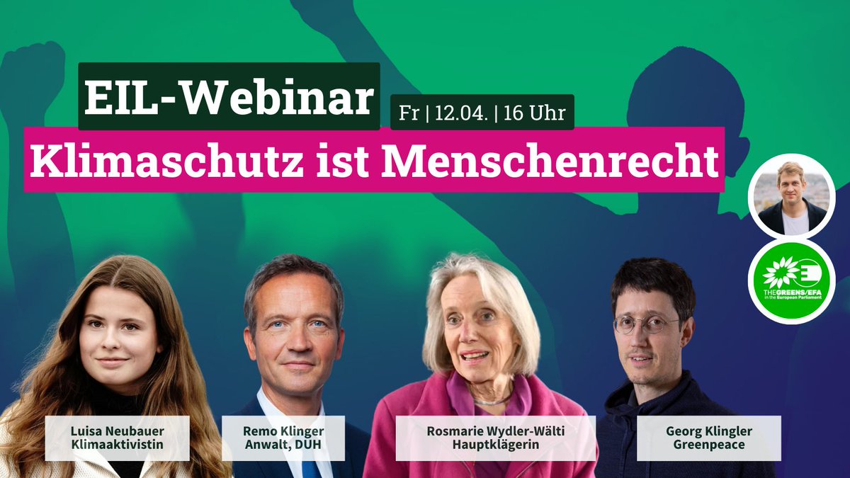 ⚖️Europäischer Gerichtshof:

📢Klimaschutz ist jetzt Menschenrecht!

Was bedeutet das? Kann das jetzt jede*r einklagen?

Mit Klägerinnen, Anwälten und @luisamneubauer erklären wir heute das Urteil und feiern diesen riesen Erfolg!

Jetzt anmelden: us02web.zoom.us/webinar/regist…