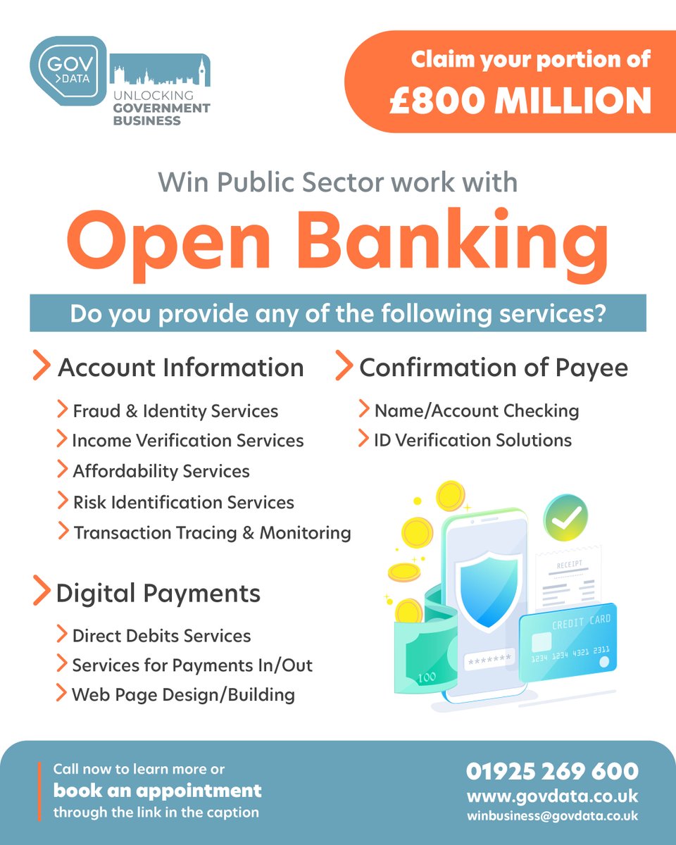 GovData Ltd (@govdataltd) on Twitter photo The £800m Open Banking Framework is an innovative opportunity providing an alternative to traditional bank systems.
Book a free consultation with one of our experts: outlook.office365.com/book/Discovery….
You can also contact us on 01925 269600 or winbusiness@govdata.co.uk. The £800m Open Banking Framework is an innovative opportunity providing an alternative to traditional bank systems.
Book a free consultation with one of our experts: outlook.office365.com/book/Discovery….
You can also contact us on 01925 269600 or winbusiness@govdata.co.uk.