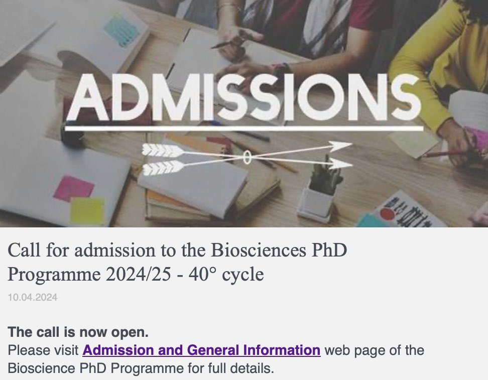 📢 Exciting News🥁! The call for admission to the Biosciences PhD Program 2024/25 - 40° cycle is now OPEN! Don't miss out on this incredible opportunity. Visit dottorato.biologia.unipd.it/index.php?id=1… for details. Apply now! #PhD #Biosciences #Admissions2024 🧬🔬 🎓