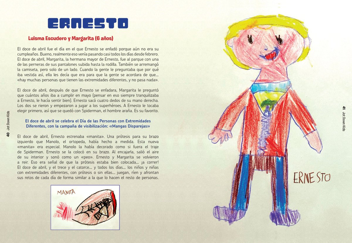 Luisma Escudero (@lmescu) on Twitter photo Hoy, 12 de abril, es el Día de las Personas con #ExtremidadesDiferentes
Para concienciar sobre la diferencia o falta de extremidades, eliminar prejuicios y visibilizar.
Os dejo un dibujo de Ernesto y su prótesis y el texto que publicamos en <a href="/JotDownKids/">Jot Down Kids</a>.
Anda, dale al RT… Hoy, 12 de abril, es el Día de las Personas con #ExtremidadesDiferentes
Para concienciar sobre la diferencia o falta de extremidades, eliminar prejuicios y visibilizar.
Os dejo un dibujo de Ernesto y su prótesis y el texto que publicamos en <a href="/JotDownKids/">Jot Down Kids</a>.
Anda, dale al RT…