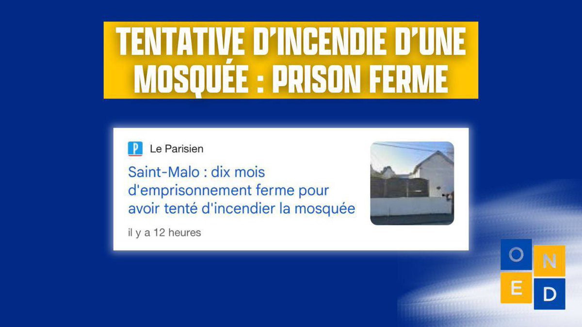 Un homme a été condamné jeudi à 10 mois de prison pour avoir tenté d’incendier la mosquée de Saint-Malo (Ille-et-Vilaine). L’homme s’y serait pris à deux reprises. 👉🏻 leparisien.fr/faits-divers/s…