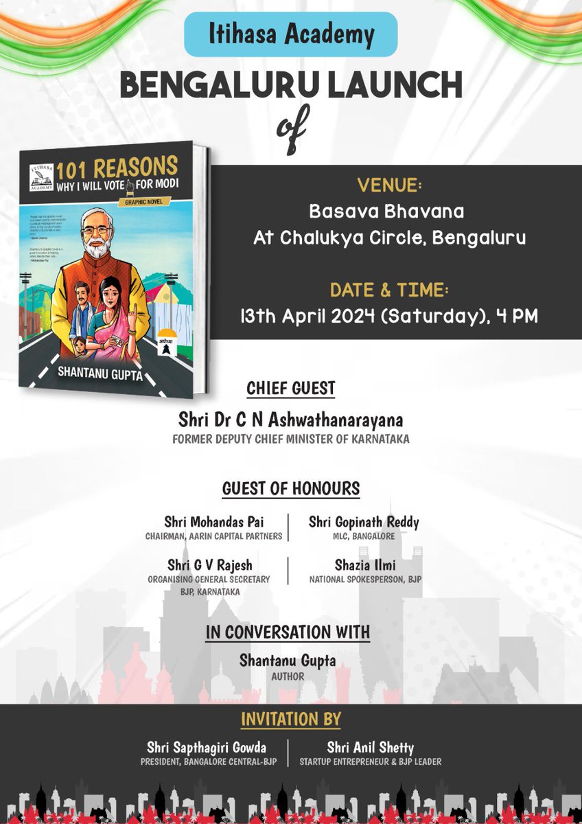 Namaskara Bengaluru !! Tomorrow we have a grand launch of “101 Reasons, Why I Will Vote for Modi” for young voters of the tech capital of India - Bengaluru. Will have the honor to be joined by @drashwathcn, @TVMohandasPai, @shaziailmi, @sapthagirigowda, @iamanilshetty and many…