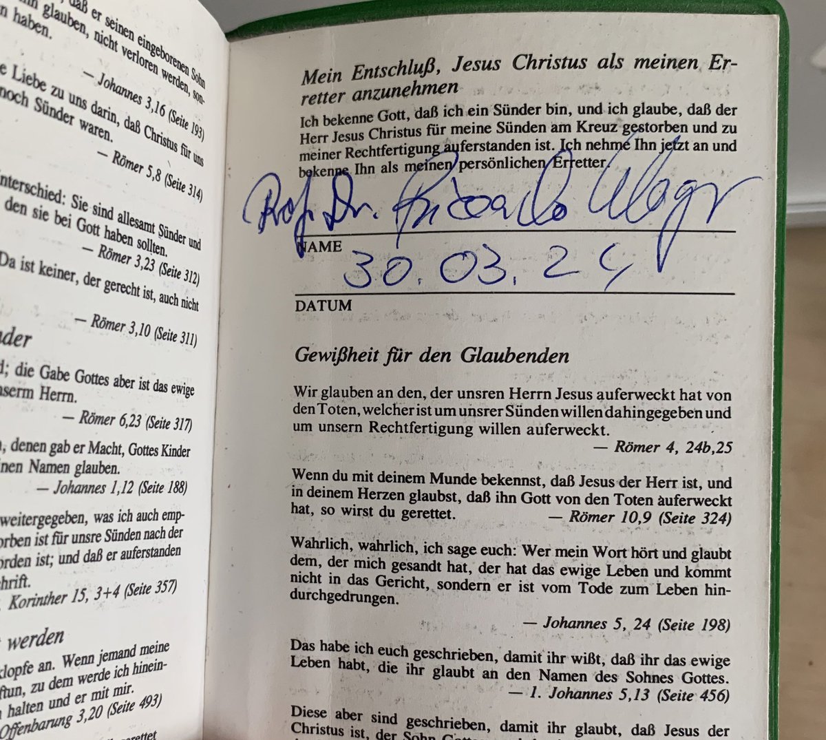 A journey that lasted 35 years. In 1989, when I was just sixteen years old, I was given this little #NewTestament in front of my school. I made a note of the date at the time and still remember wondering whether I would ever be able to write down my commitment to God on the last