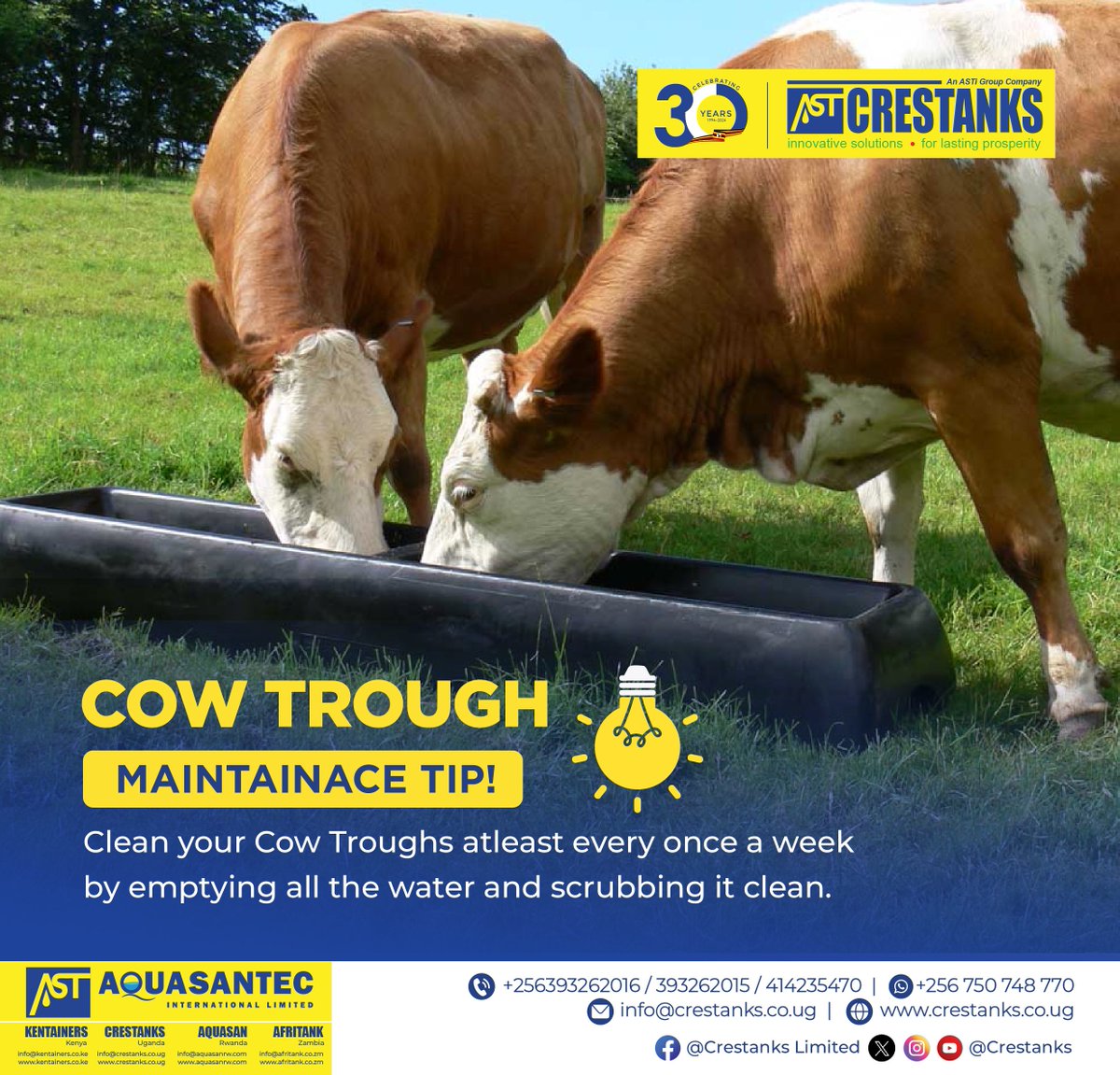 Keep your cattle healthy and disease free by frequently emptying & scrubbing the cow trough. Algae and other organisms could take hold in a dirty trough & cause damage to your animals. 

#Crestanks #CowTroughs #Maintenancetips