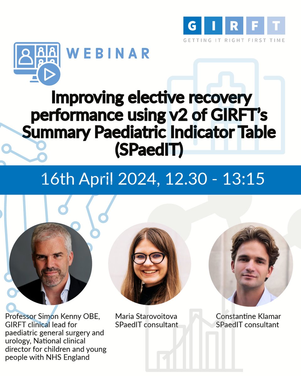 Theatre managers, operational managers, clinicians ….. working in paediatric elective surgery? Join our webinar and watch our demonstration on how the SPaedIT data tool can help you understand your performance 🗓️16/4 @ 12.30 hrs Register here: - bit.ly/4aClafk