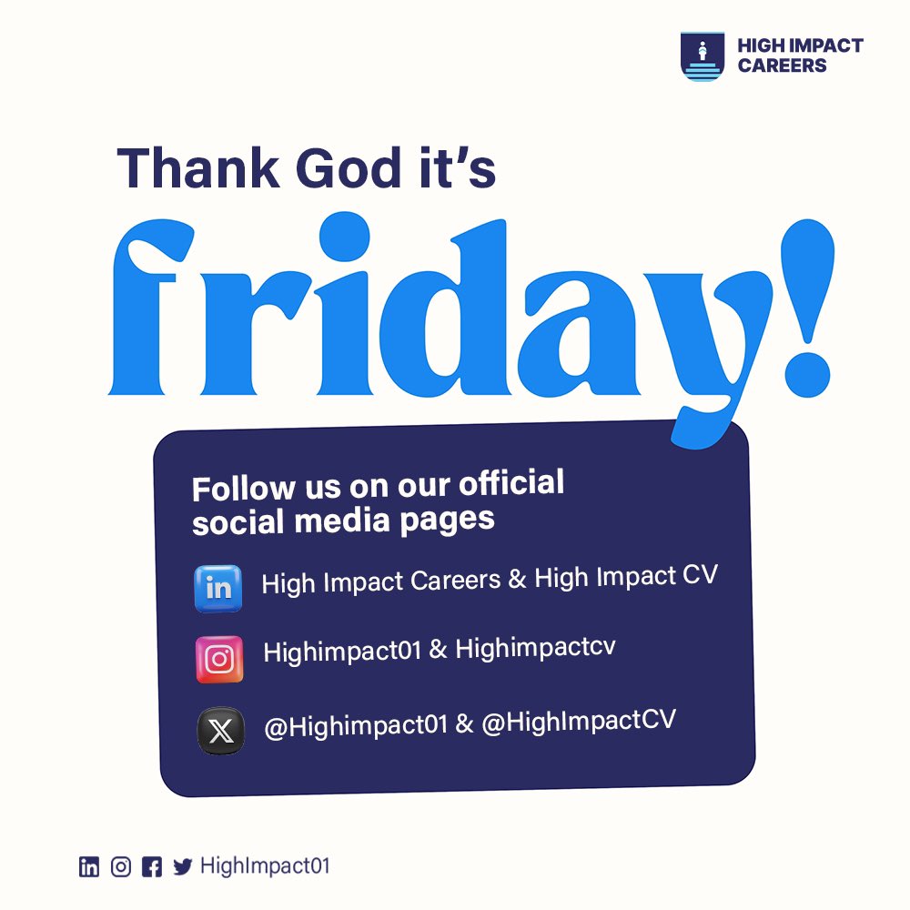 Get ready to kick off the weekend in style! Stay connected with us and follow our socials media pages for all the exciting updates on High Impact Careers!!! #TGIF #HighImpactCareers #HighImpactCV