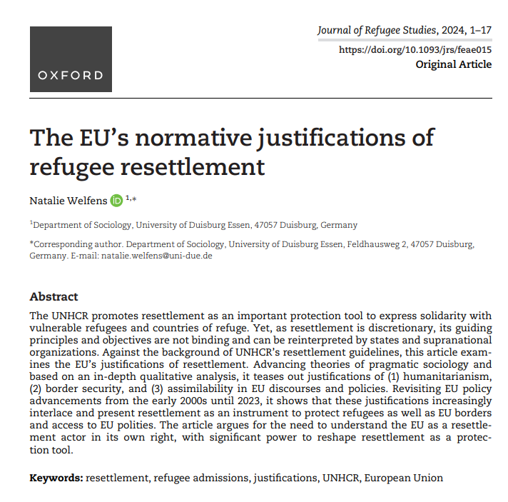 New article out in @JRefugeeStudies! 👉doi.org/10.1093/jrs/fe… I show how EU resettlement discourses + policy proposals increasingly deviate from @Refugees 's RST ideals + present RST as a tool to protect both refugees and EU borders + polities. A short 🧵