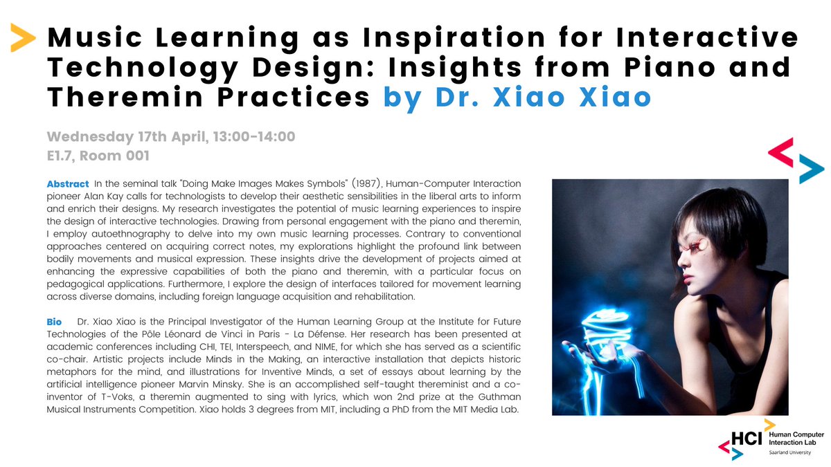 HCI Lab - Saarland University (@hci_saarland) on Twitter photo 🎤 We're thrilled to welcome <a href="/xiaosquared/">Xiao Xiao</a> from <a href="/IFT_devinci/">Institute for Future Technologies - IFT</a> for an inspiring talk on how music learning, can serve as inspiration for technology design ! 
🔜 <a href="/SIC_Saar/">Saarland Informatics Campus</a> 🎤 We're thrilled to welcome <a href="/xiaosquared/">Xiao Xiao</a> from <a href="/IFT_devinci/">Institute for Future Technologies - IFT</a> for an inspiring talk on how music learning, can serve as inspiration for technology design ! 
🔜 <a href="/SIC_Saar/">Saarland Informatics Campus</a>