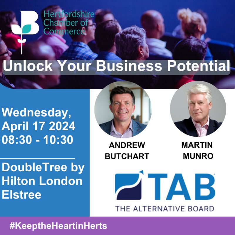 Time is running out to secure your place at our upcoming Unlock Your Business Potential event. Join ourselves and @TAB_Boards for a special breakfast event on Wednesday, April 17, in Elstree. For more info, check out: my.hertschamber.com/calendar_detai… #HertsChamber100