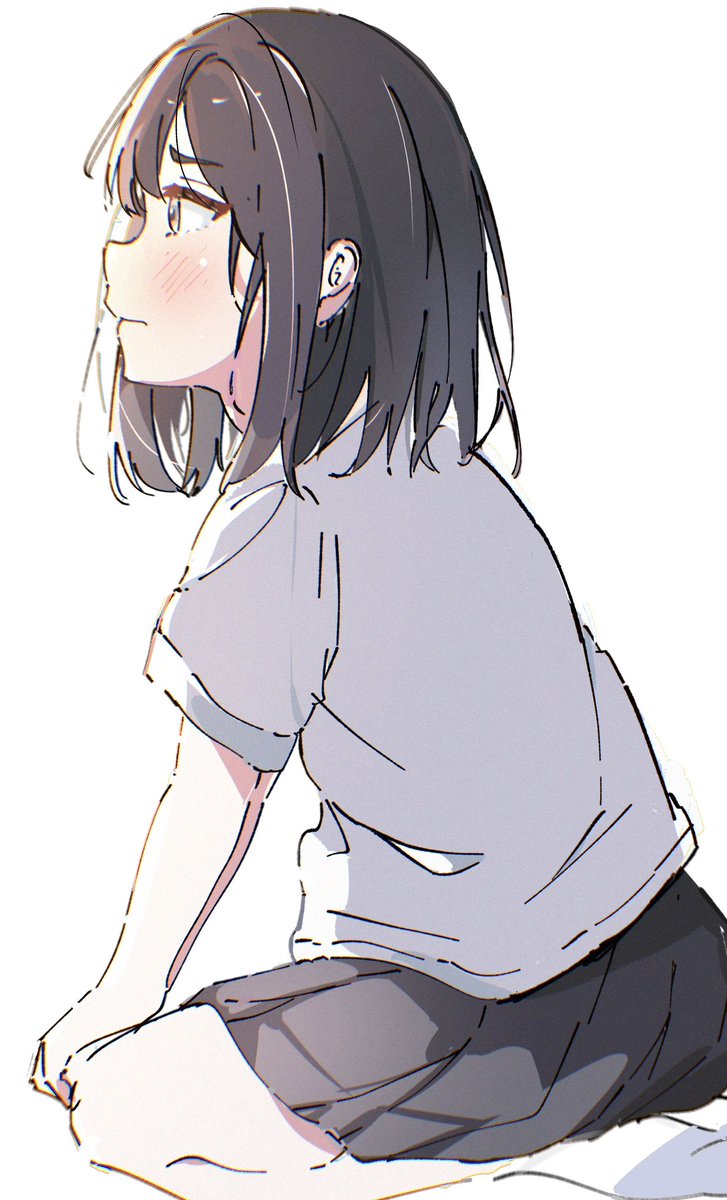 1girl solo blush simple background shirt skirt black hair  illustration images