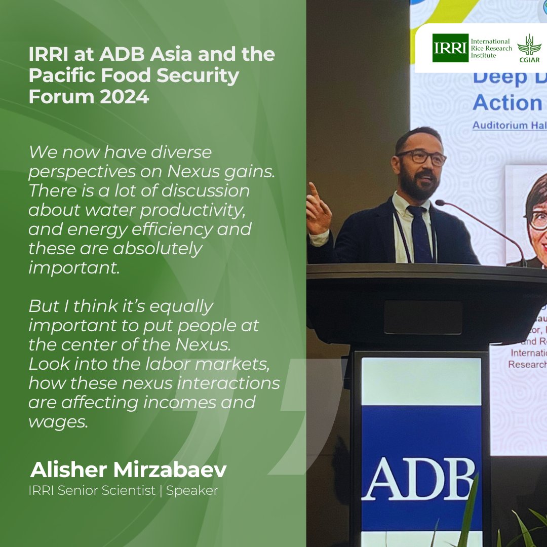 #NowHappening: IRRI at ADB Food Security Forum 2024
On the last day of the sessions, IRRI Senior Scientist Alisher Mirzabaev joined the discussions exploring innovations in water management and energy access nexus.

#ADBFoodSecurity24 #ClimateChange #RiceScience