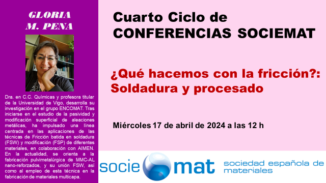 Nueva conferencia del IV Ciclo de Conferencias @SOCIEMAT Esta vez nos acompaña la Dra. Gloria Pena con una apasionante charla sobre soldadura. Miércoles 17 de abril a las 12:00h, via Zoom ⬇️ us02web.zoom.us/j/83532485742?…