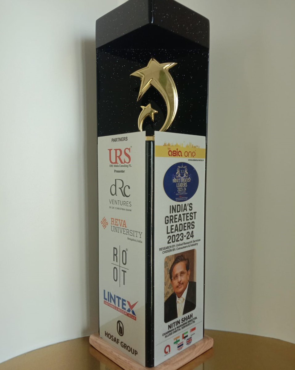 Allied Digital's CMD, Nitin Shah , was honored as one of India's Greatest Leaders 2023-2024 by URS Asia One. The award was received by Nehal Shah- Executive Director of Allied Digital. 
#AlliedDigital #Recognition #Award #Event #Leadership