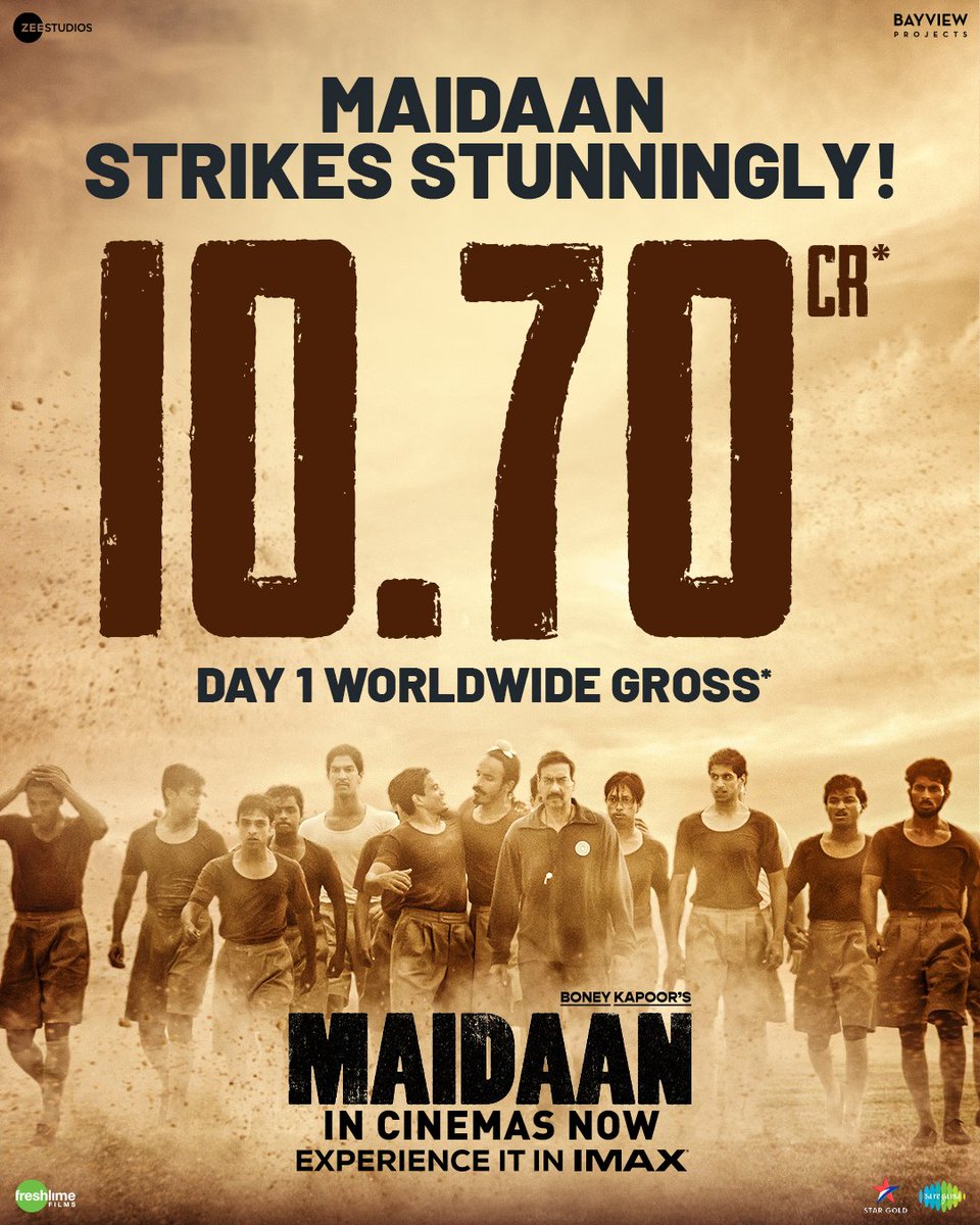 Kicking off with an encouraging start, thank you for the love and support!⚽ 🙌🏻 Watch #Maidaan with your family in cinemas now! Book your tickets now! 🔗 - linktr.ee/Maidaan_ #MaidaanInIMAX @ajaydevgn #PriyamaniRaj @raogajraj @ZeeStudios_ @iAmitRSharma @arrahman…