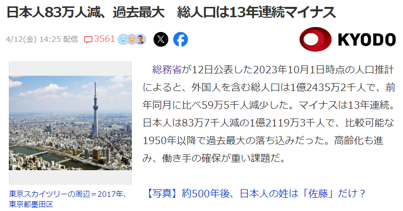 ＞65歳以上は9千人減で、高齢化が進んだことによる多死社会を背景に初のマイナスだが、割合は29.1％で過去最高。総務省担当者は「急激な少子化の影響が大きい」と分析した。 いや、謎の大量死の影響です。 日本人83万人減、過去最大　総人口は13年連続マイナス news.yahoo.co.jp/articles/72061…