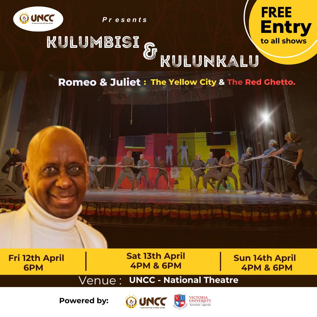 This Weekend At National Theatre 👇 Alex Mukulu’s Play #Kulumbisi & #Kulunkalu is still on, come through & witness the Theatre Legend as he pits the Yellow City against the Red Ghetto! Entrance is absolutely Free! More details (See Poster Below 👇)