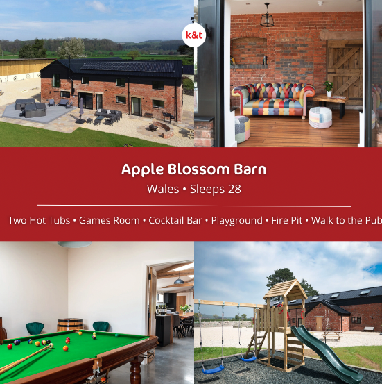 New Holiday let for a 2024 #staycation - Apple Blossom Barn in #wales. this stunning barn conversion boasts 2 hot tubs, firepit, cocktail bar and kids playground! Check it out :tinyurl.com/48y22shy #partyhouse #groupaccomodation #holidayhome #barnlife #ukbreak #familyholiday