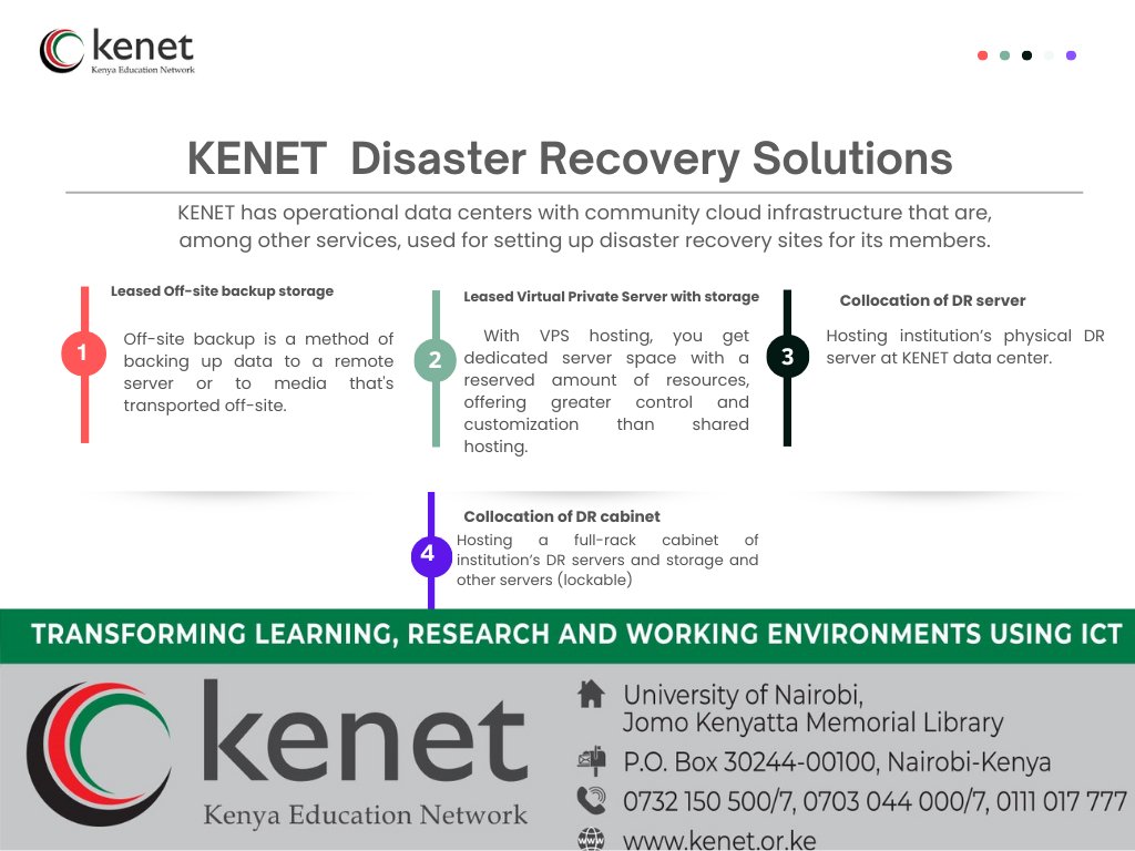 The #KENET Disaster Recovery (DR) solutions allow organizations to maintain or quickly resume mission-critical functions following a disaster ensuring business continuity. #DisasterRecovery #Businesscontinuity #KENET