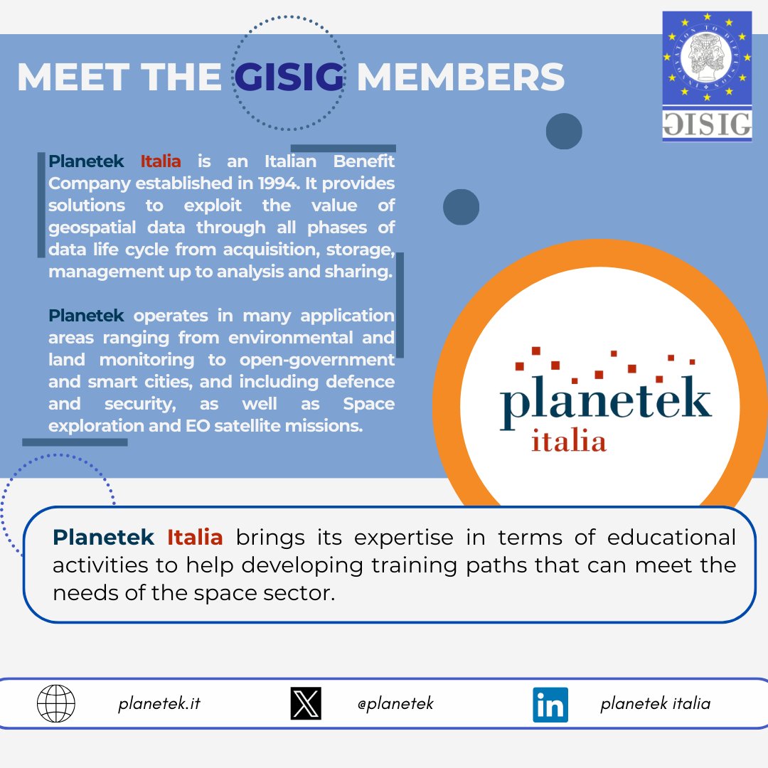 🎯Meet the @GISIG Members! Do you know @planetek? Planetek Italia provides solutions to exploit the value of geospatial data through all phases of data life cycle from acquisition, storage, management up to analysis and sharing🛰️