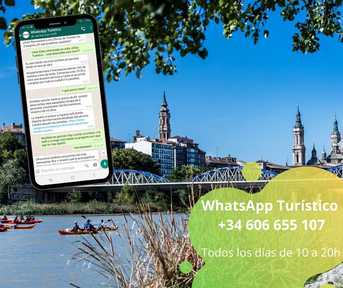 ℹ️ Do you have any questions about your trip to #Zaragoza?

👉 We offer you personalised attention from 10h to 20h in our virtual office through our WhatsApp 📲 at +34 606 655 107

#VisitZaragoza
