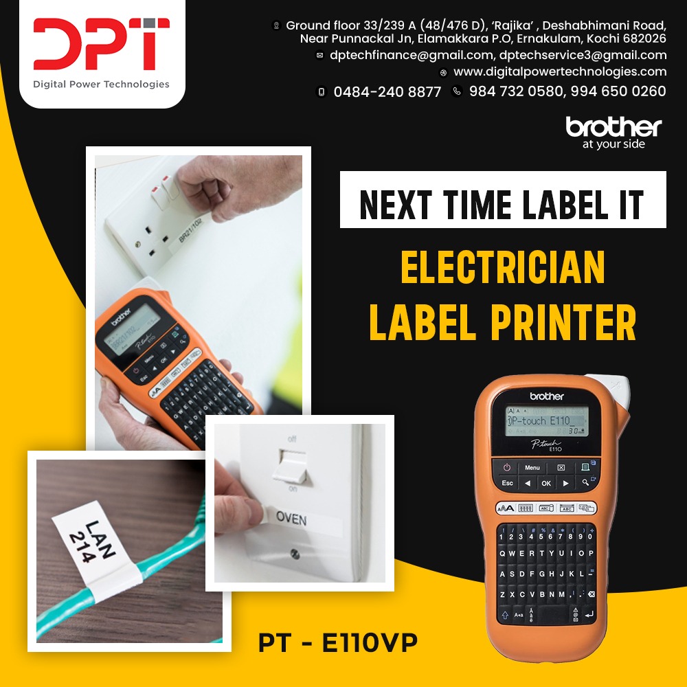 'Efficiency and Precision with the PT-E110VP: Empowering Electricians with Seamless Labeling!'

To know more details contact us.
🌐 digitalpowertechnologies.com
☎ 0484-2408877
📲 +91-9847320580, 7012867197, 9946500260

#DigitalPowerTechnologies #LabelPrinter #E110VP #Labels #Brother