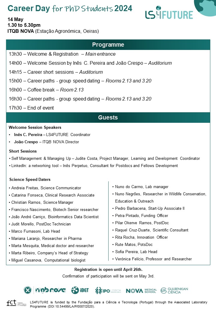 Life Sciences for a Healthy and Sustainable Future (@ls4future) on Twitter photo 📢#LS4FUTURE is thrilled to organize a 2nd edition of the Career Day, this time dedicated to PhD Students.
 🗓️ May 14th
📍ITQB NOVA
🕐1.30 – 5.30pm
Registrations are open until April 26th. 
All info👉 bit.ly/LS4F_CareerDay… 📢#LS4FUTURE is thrilled to organize a 2nd edition of the Career Day, this time dedicated to PhD Students.
 🗓️ May 14th
📍ITQB NOVA
🕐1.30 – 5.30pm
Registrations are open until April 26th. 
All info👉 bit.ly/LS4F_CareerDay…