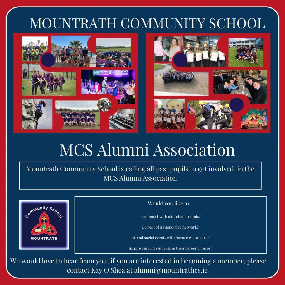 ALUMNI ASSOCIATION📢 In Mountrath Community School we want to keep in touch with our past pupils, we value their consistent involvement with the school and have a genuine interest in where their journey takes them. Please contact us at alumni@mountrathcs.ie 📲