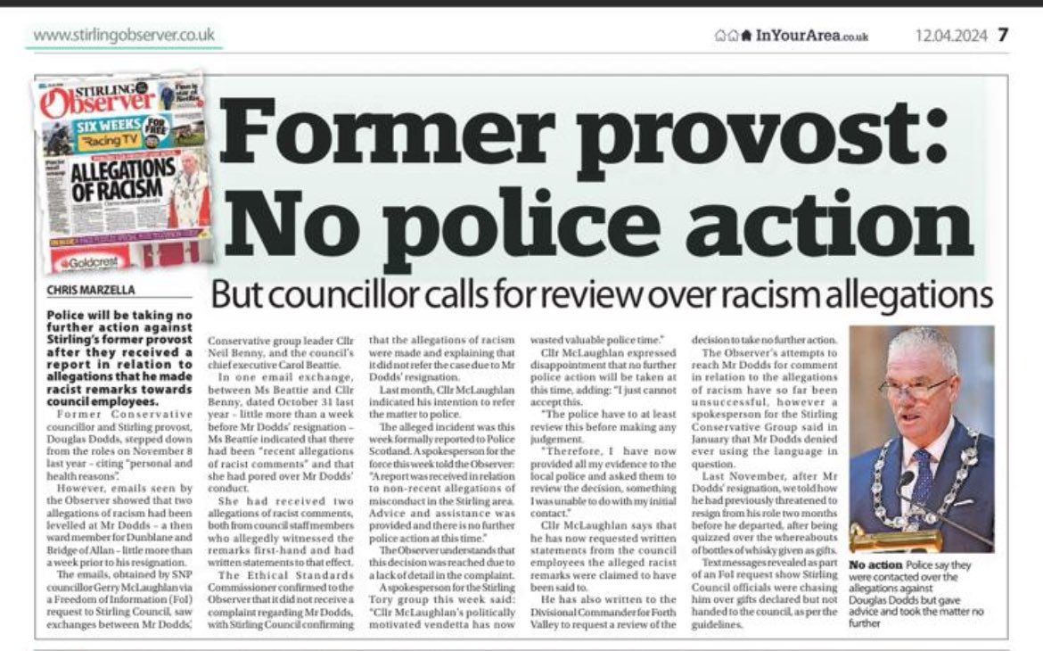 So although we know that a racist incident took place . We know that two @StirlingCouncil staff have given statements witnessing racist comments by the ex Tory Provost. But @PoliceScotland have so far decided no action . Move along ,nothing to see here …not! #NeverTrustATory
