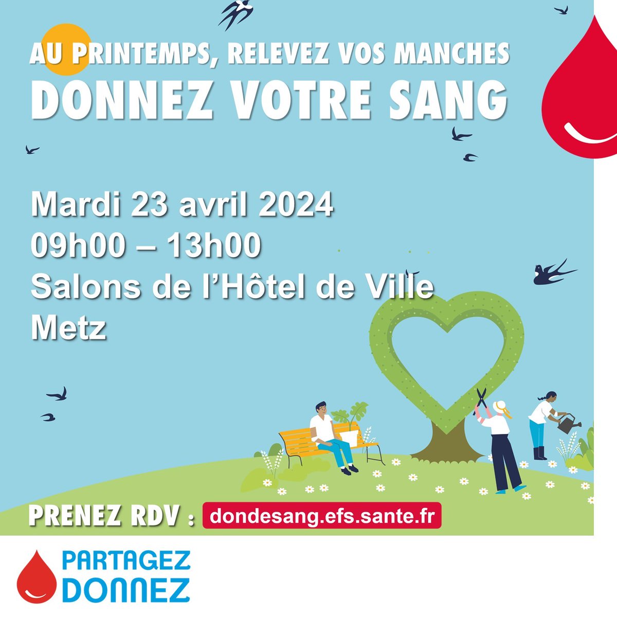 𝗗𝗼𝗻 𝗱𝘂 𝘀𝗮𝗻𝗴

Relevez vos manches, donnez votre sang 🩸

🗓️ Mardi 23 avril
🕙 de 9h à 13h
📍 Hôtel de Ville à Metz

👉 Prendre rdv : efs.link/fDpQK