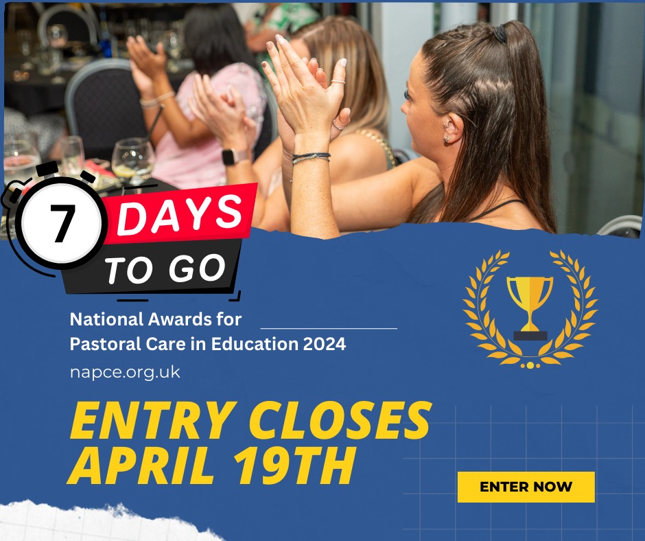 Just 1️⃣ week left to enter! Reward people working in #pastoralcare who deserve amazing recognition 🏆 National Awards for Pastoral Care in Education 2024 Info & enter here: napceawards.wufoo.com/forms/napce-aw… #NAPCE #NAPCE 24 #Awards #PastoralCare #Education #Schools