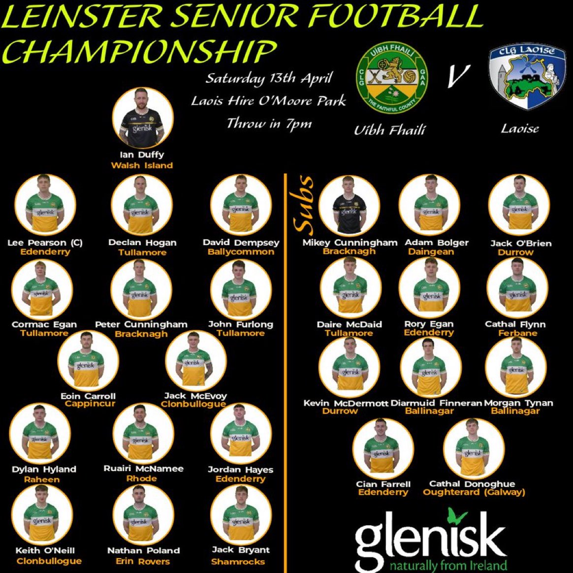 Offaly Senior Football Manager Declan Kelly has named his team that will play Laois in the Leinster senior football championship quarter final on Saturday