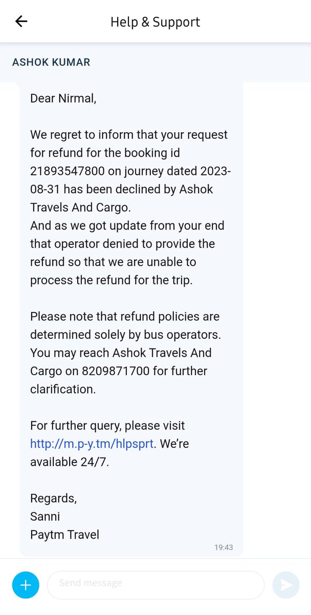 'Booked ticket via @Paytmcare @Paytm for Ashok Traveller bus. On 31st Aug '24, bus didn't show at pickup. Traveller admitted fault but refuses refund. @Paytm, raised request, need help. Been trying for 8 months; please resolve. #Paytm