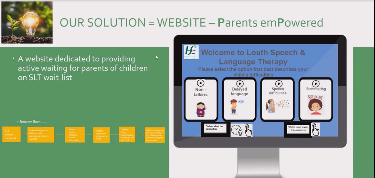 #HSESpark #SeedPitchDay! 1st pitch today is by Angela Duffy and team who have identified the problem of longer waitlists for patients of speech & language therapy. Their solution is to create a website to empower parents of these children @SLT_CUH @MeathSLT @NDTP_HSE