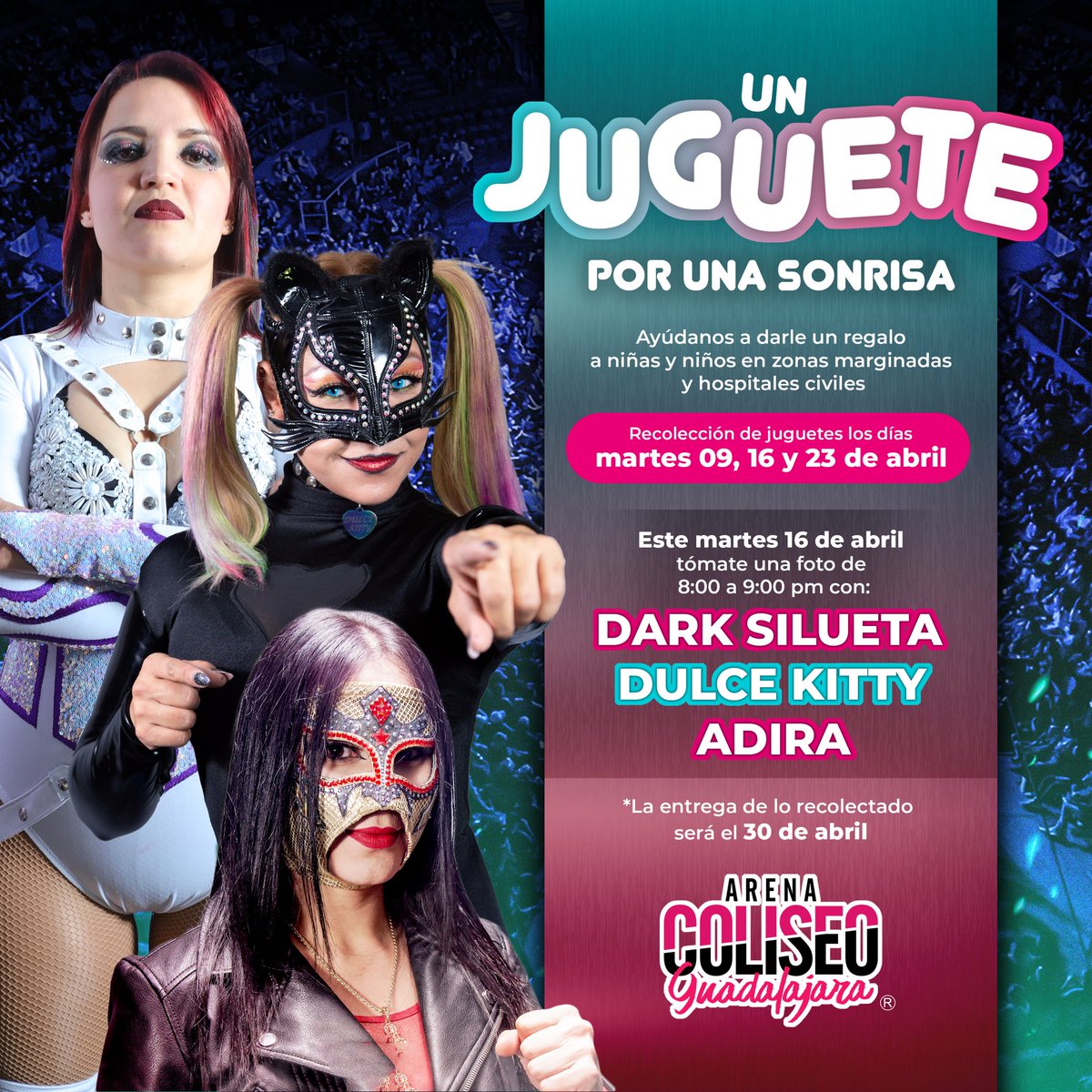 ¡Ayúdanos a darle un regalo a niñas y niños en zonas marginadas y hospitales civiles en el próximo Día del Niño y tomáte la foto con Dark Silueta, Dulce Kitty y Adira! ¡Te esperamos este martes en la Arena Coliseo de Guadalajara!