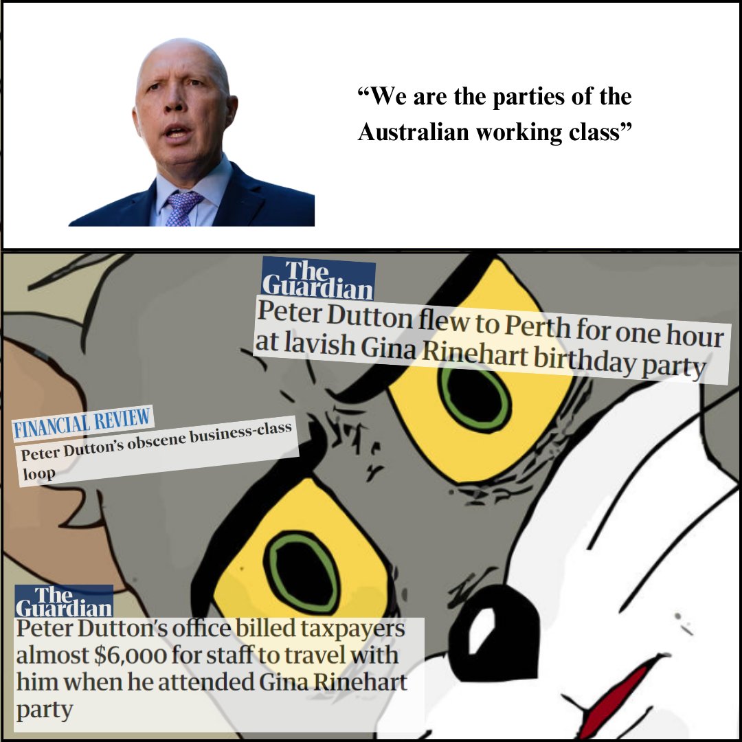 By day he pushes for lower wages and longer working hours while claiming to stand for working Australians. And by night he parties with billionaires at taxpayer expense. Self-proclaimed champion of the working class, Peter Dutton. #auspol